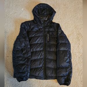 Nautica Black Puffer Hooded Jacket With 80% Duck Down LARGE